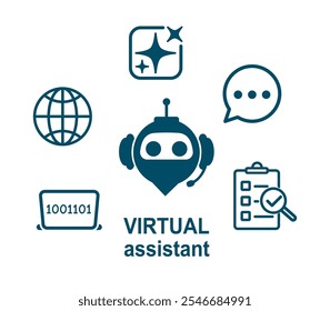 Virtual assistant chatbot icon for support service concept, smart AI technology assistant, robot with microphone and headset, online communication, machine learning and cyber mind