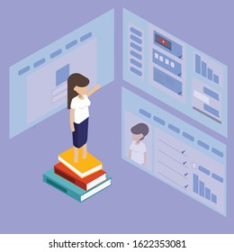 Virtual assistant, virtual classroom, e-learning, online learning represented by women standing on books, scrolling through information system. Isometric vector