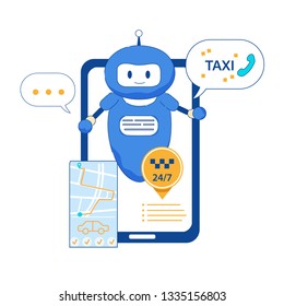 Virtual Assistant Client for Calling Taxi. People Online Help Digital Chatbot on Mobile Screen with Dialog Bubbles. Smart Taxi Service Application with GPS Option. Innovative Technologies Concept.