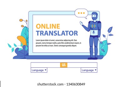Virtual Assistant Client for Online Translation. Artificial Intelligence in Help to People Language Understanding. Talking Android Robot front of PC Screen. Mockup Web in Floral Design