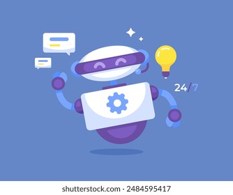 virtual assistant concept. 24 hour service and support. artificial intelligence technology and assistant services. illustration of an intelligent robot waving. flat style design. graphic elements