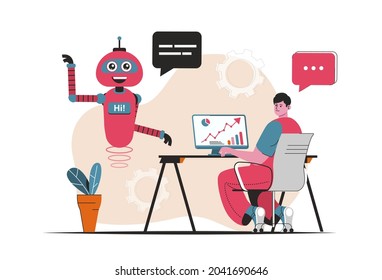 Virtual assistant concept isolated. Customer support by bots robots at online chats. People scene in flat cartoon design. Vector illustration for blogging, website, mobile app, promotional materials.
