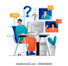 Virtual assistant concept in modern flat design. Man operator with headphones advises and helps clients around the clock using video calls at computer. Customer support service. Vector illustration