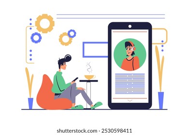 Virtual assistant concept in modern flat cartoon design for web. Man chatting online in app with digital adviser or chatbot for getting information and solving technical problems. Vector illustration.