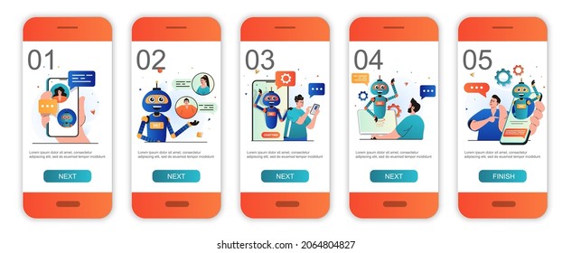 Virtual assistant concept onboarding screens for mobile app templates. Tech support and chatbots. Modern UI, UX, GUI screens user interface kit with people scenes for web design. Vector illustration