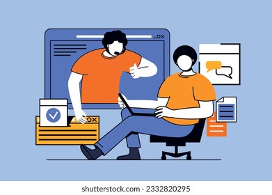 Virtual assistant concept with people scene in flat design for web. Man calling to helpdesk and getting help and solving problem. Vector illustration for social media banner, marketing material.