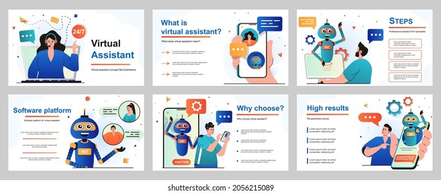 Virtual assistant concept for presentation slide template. Operator advises customers who have contacted support service. Chatbot robot helps and sends messages. Vector illustration for layout design