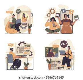 Virtual assistant concept scenes set in flat web design. People in situations of using online operator help and chatting, talking and getting advice, connecting by laptop or app. Vector illustrations.