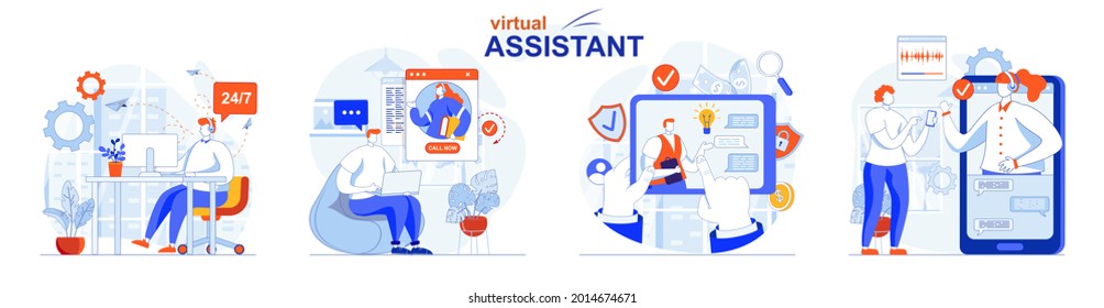 Virtual assistant concept set. Clients write to chats and calls to operators. People isolated scenes in flat design. Vector illustration for blogging, website, mobile app, promotional materials.