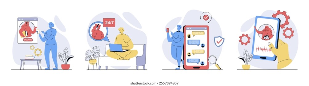 Virtual assistant concept set in flat design for web. Collection with people calling to online operator and get help, chatting with ai bots, talking with voice assistance app. Vector illustrations.