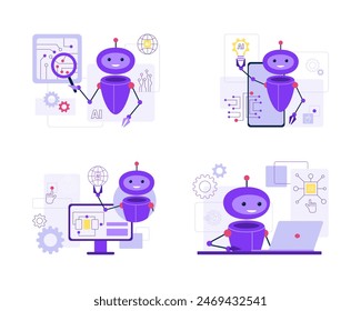 Virtual assistant, customer service bot, online client support. AI-powered search, machine learning. Robotic software testing, QA by artificial intelligence. Isolated set of vector illustration