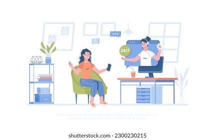 Virtual assistant. Customer support, call center. Operator consults client and answers questions. Cartoon modern flat vector illustration for banner, website design, landing page.	
