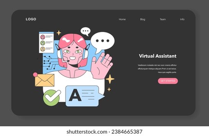 Virtual Assistant dynamics. Robotic woman with headset efficiently managing messages, user profiles, and document approvals. Rapid response, streamlined communication. Flat vector illustration
