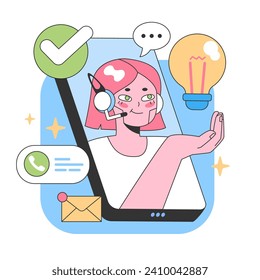 Virtual assistant emerges from smartphone screen, offering solutions and ideas. Handling calls, messages, and sparking creativity. Efficient multitasking on digital platforms. Flat vector illustration