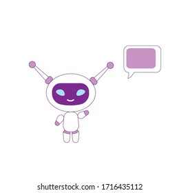Virtual assistant flat color vector character. Boy bot waving hand. AI smiling and greeting. Purple humanoid robot with speech bubble isolated cartoon illustration for web graphic design and animation