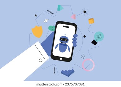 Virtual assistant hands concept in the flat cartoon design. The assistant in the phone, which is always at hand and will help in any situation, is the main idea of the picture. Vector illustration.