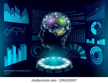 Virtual assistant HUD user display technology. AI artificial intelligence robot support. Chatbot human brain neural network low poly vector illustration