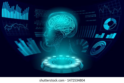 Virtual Assistant HUD User Display Technology. AI Artificial Intelligence Robot Support. Chatbot Woman Brain Neural Network Low Poly Vector Illustration