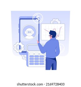Virtual Assistant isolated concept vector illustration. Businessman communicates with virtual assistant online, digital marketing, advertising agency, consulting services vector concept.