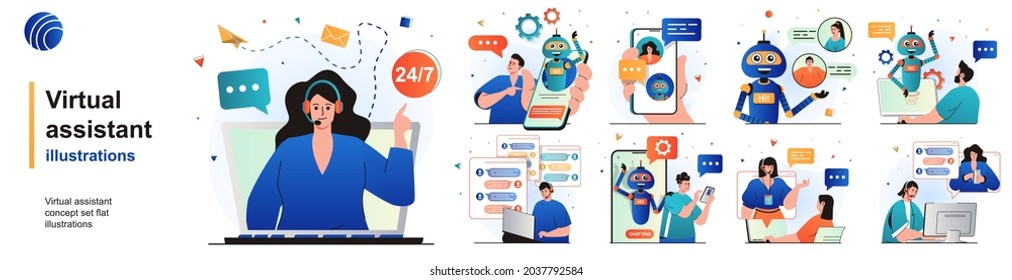 Virtual assistant isolated set. User call to hotline, online chat bot support. People collection of scenes in flat design. Vector illustration for blogging, website, mobile app, promotional materials.