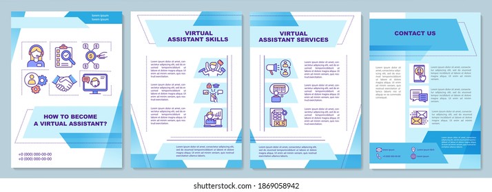 Plantilla de folleto de trabajo de asistente virtual. habilidades VA. Prestación de servicios. Volante, folleto, folleto impreso, diseño de portada con iconos lineales. Diseños vectoriales para revistas, informes anuales, afiches publicitarios