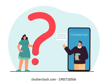 Virtual assistant man on mobile screen flat vector illustration. Girl standing next to question mark. Consultant bot, technical support, concept for banner, website design or landing web page.