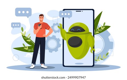 Virtual assistant mobile. Man near smartphone with Internet bot. Artificial intelligence and machine learning. Guy with online helper. Flat vector illustration isolated on white background