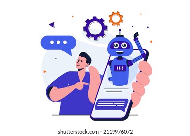 Virtual assistant modern flat concept for web banner design. Man writes to customer support service and talking with chat bot before contacting operator. Vector illustration with isolated people scene