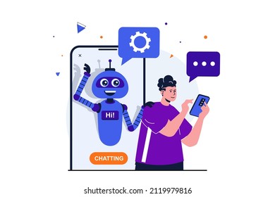 Virtual assistant modern flat concept for web banner design. Chat bot consults and answers questions, helps to solve technical problems in mobile phone. Vector illustration with isolated people scene