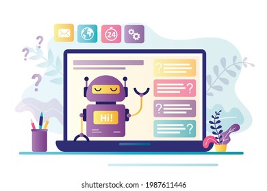Asistente virtual en la pantalla del portátil. Robot ayuda a los clientes en diversos temas. Servicio de asistencia al cliente en línea. Aplicación de Chatbot. La inteligencia artificial dice hola. Ilustración vectorial plana de moda