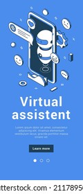 Virtual assistant robot bot customers support service artificial intelligence help center mobile banner isometric vector illustration. User interface assistance cyborg automation communication