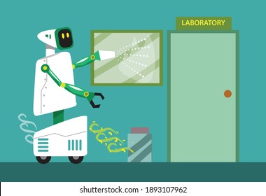 A virtual assistant robot disinfects a laboratory room and uses built in filter machine to clean up the enviroment. Editable Clip Art.