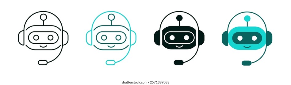 Virtual assistant robot icon set. AI chat bot logo for web or app. Cute smiling chatbot in headphones and microphone. Technology, artificial intelligence, internet or customer support service concept.