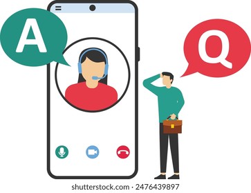Virtueller Assistent für isolierte Szenen. Menschen rufen an und senden Nachrichten an die Kundenbetreuung, in flachem Design. Vektorillustration für Bloggen, Website, mobiles App, Werbematerialien.

