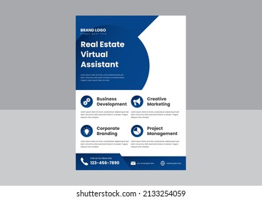 diseño del folleto del servicio de asistentes virtuales. volante de servicio virtual de entrada de datos. plantilla de afiche de servicio de asistente virtual