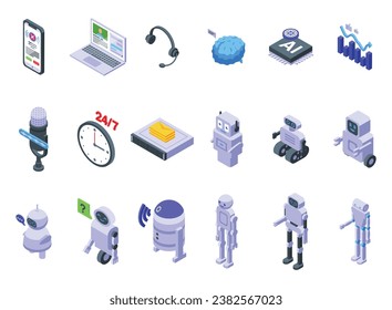 Virtual assistant services icons set isometric vector. Ai mobile chat. Digital reality