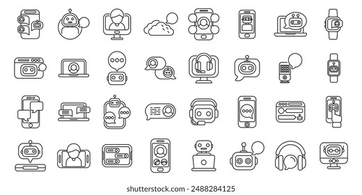 Conjunto de iconos de servicios de asistente virtual. Iconos que muestran diversos dispositivos y plataformas utilizadas por chatbots para comunicarse