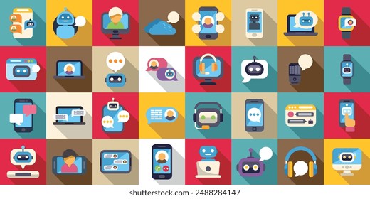 Virtual assistant services icons set. Icons set of chatbot communicating with customers using mobile devices and computers