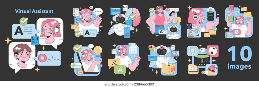 Virtual Assistant set. Everyday tasks made easier with AI technology. Managing emails, optimizing tasks, video playbacks, brain insights. Seamless integration with gadgets. Flat vector illustration