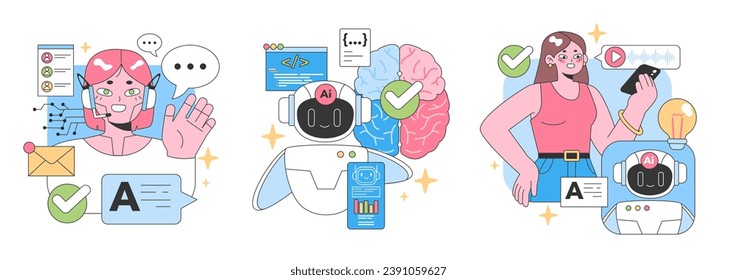 Conjunto de asistentes virtuales. La mujer interactúa con la tecnología de IA, administra tareas, códigos. El cerebro simboliza el aprendizaje de IA. Orden de voz, generación de ideas, validación de éxito. Ilustración vectorial plana.