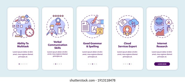 Virtual assistant skills onboarding mobile app page screen with concepts. Multitasking employee walkthrough 5 steps graphic instructions. UI vector template with RGB color illustrations