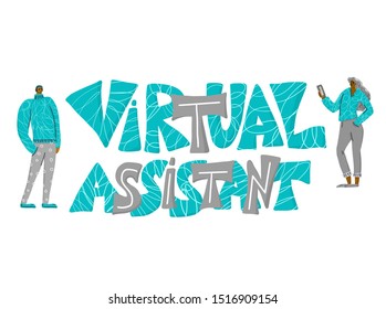 Virtual assistant text with boy and girl characters isolated. Hand drawn quote. Vector illustartion.