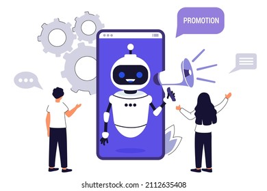 Virtual assistant User call to hotline Online chat bot support Job search recruitment Marketing automation concept Robot shouting out a message with bullhorn over white background Vector illustration