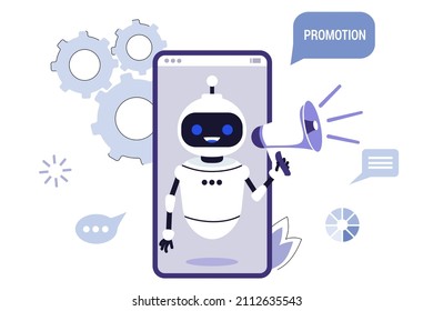 Virtual Assistant User Call To Hotline Online Chat Bot Support Job Search Recruitment Marketing Automation Concept Robot Shouting Out A Message With Bullhorn Over White Background Vector Illustration 