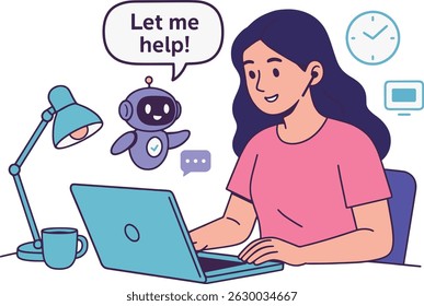 Virtual Assistant Vetor Illustration: Mulher Trabalhando com AI Chatbot.