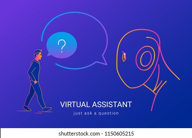 Virtual assistant and voice recognition concept gradient line vector illustration of people asking voice assistant without missunderstanding. Man standing and and talking to big ai head