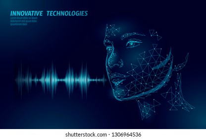 Virtual assistant voice recognition service technology. AI artificial intelligence robot support. Chatbot beautiful female face low poly vector illustration