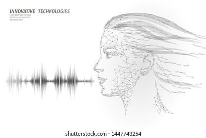 Virtual assistant voice recognition service technology. AI artificial intelligence robot support. Chatbot beautiful female face low poly vector illustration