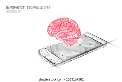 Virtual assistant voice recognition service technology. AI artificial intelligence robot support. Chatbot brain on smartphone system low poly vector illustration