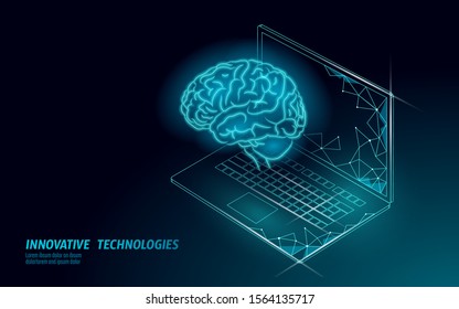 Virtual assistant voice recognition service technology. AI artificial intelligence robot support. Chatbot brain on laptop system low poly vector illustration